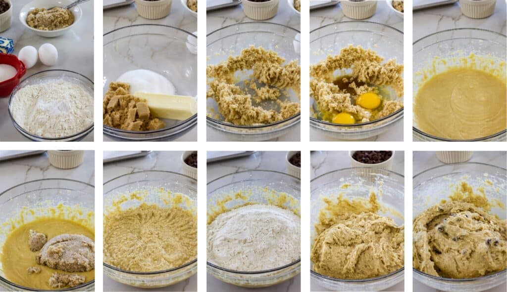 A collage of 10 images showing the steps to make the Steel-Cut Oatmeal Cookies Recipe