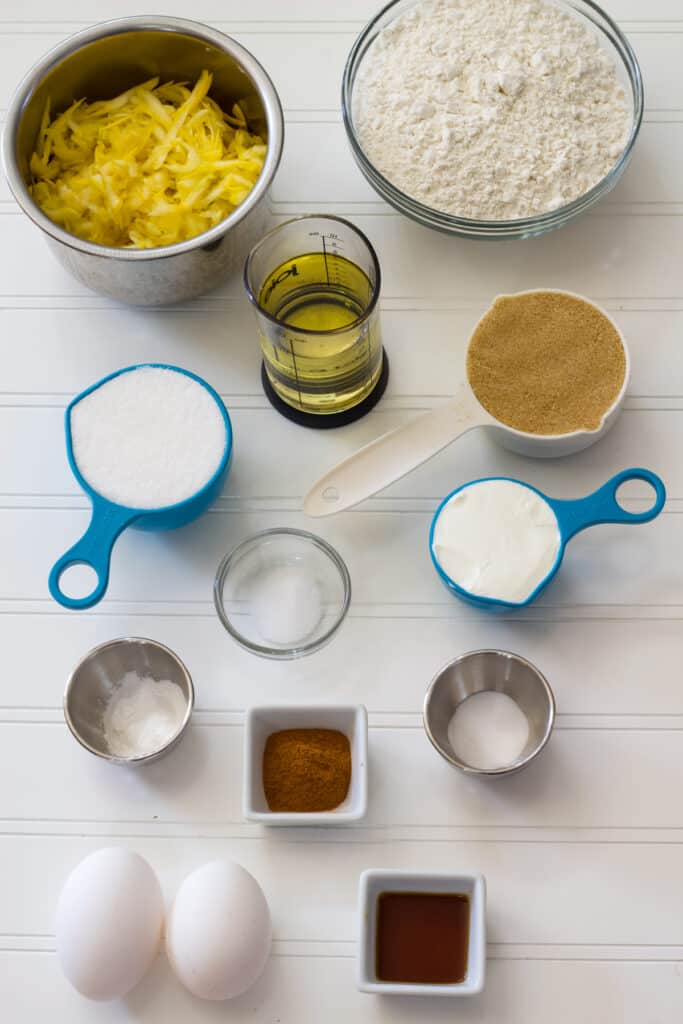 All if the ingredients needed to make the delicious squash bread measured out and ready to use.