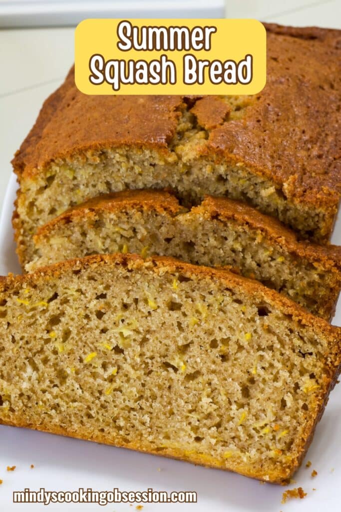 The cut loaf of squash bread and the recipe title is in text at the top.