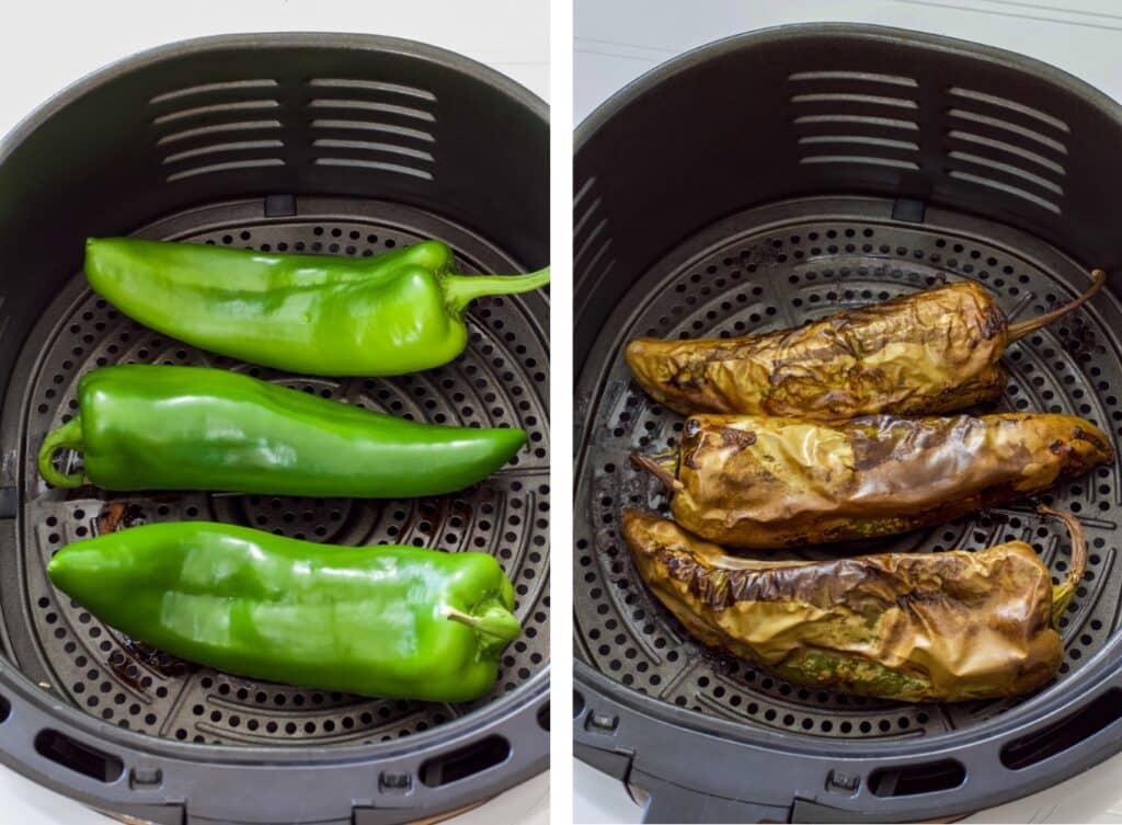 three anaheim peppers in an air fryer basket, not roasted on the left and roasted on the right.