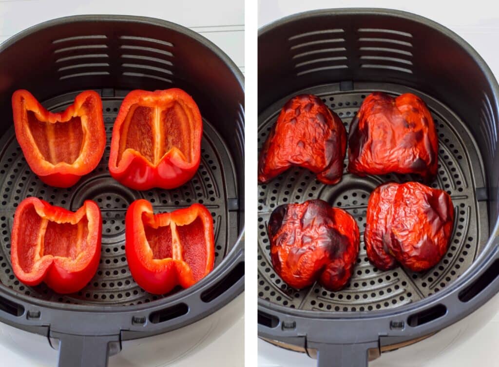 Two cut red bell peppers in the air fryer basket, not air fried on the left and air fried on the right.