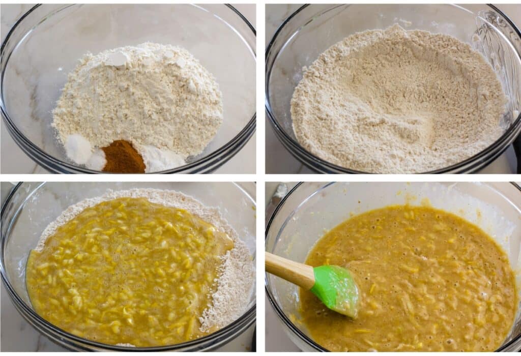 A collage of four images showing the steps to mix the dry ingredients and add the wet ingredients to them.