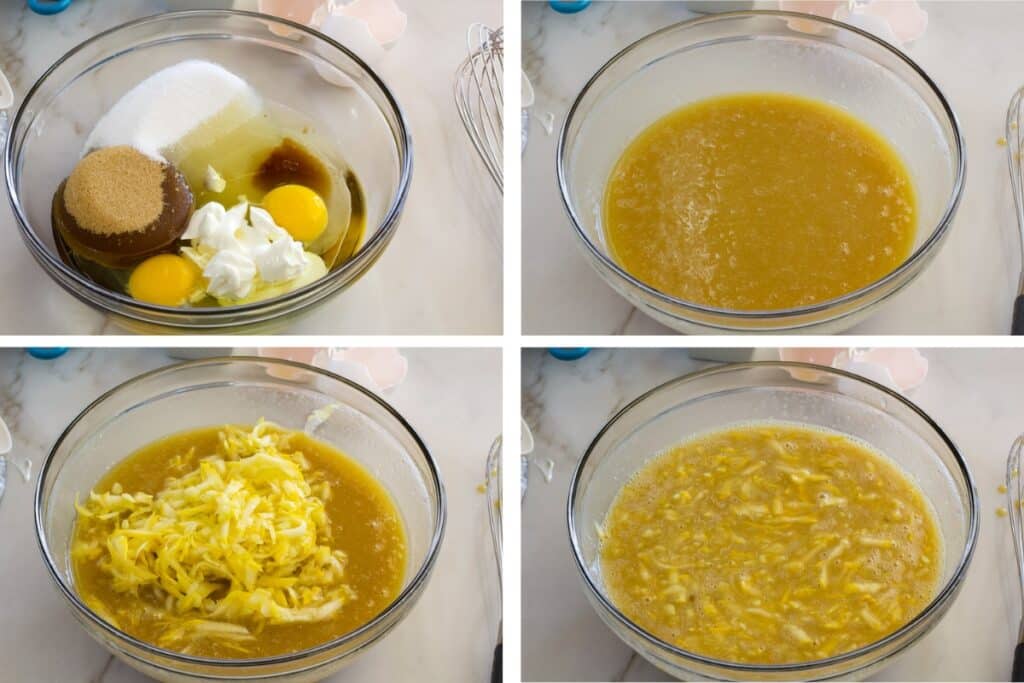A collage of 4 images showing the wet ingredients being mixed and the grated summer squash being added and then mixed.