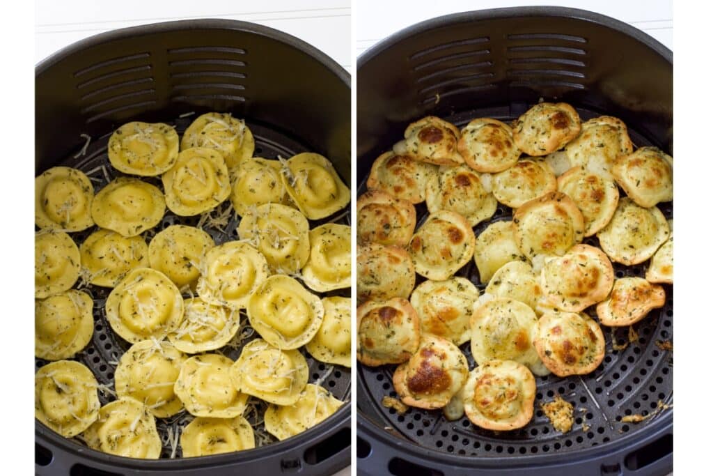 Ravioli in the air fryer basket, before being cooked on the left and after being cooked on the right.