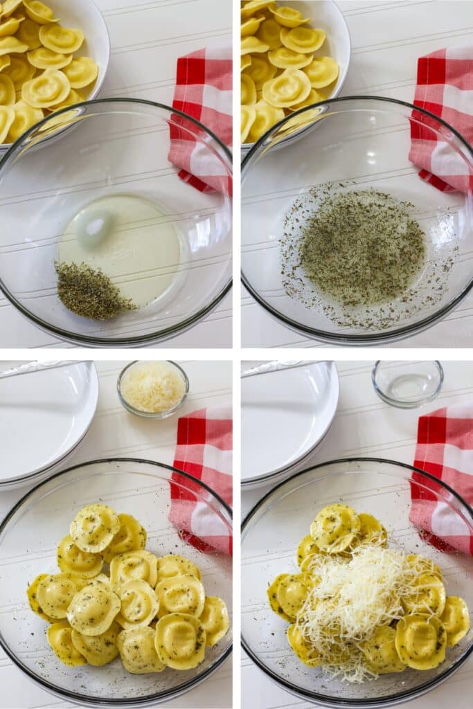 A collage of four images showing the oil and spices before and after being mixed and the ravioli mixed in and then topped with the Parmesan cheese.