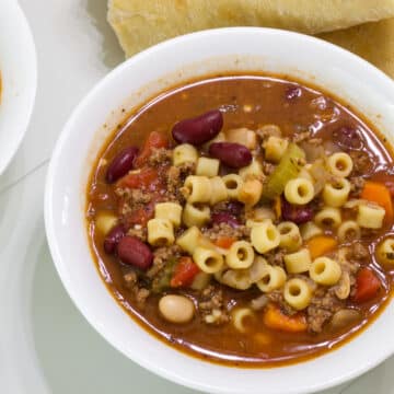 One bowl of Copycat Olive Garden Pasta e Fagioli Recipe (one pot).