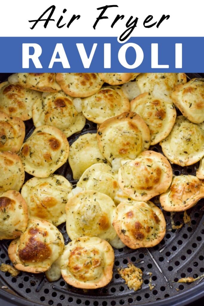 Many cooked toasted ravioli in the air fryer basket, the recipe title is in text at the top.