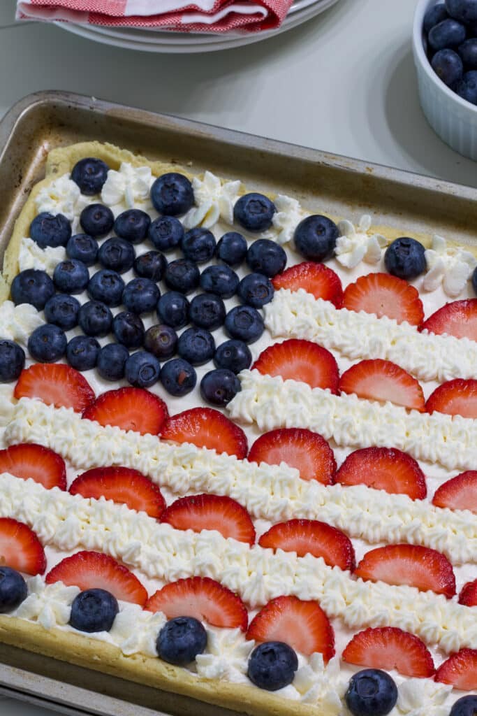 Close up of the July 4th Flag Patriotic Fruit Pizza where mostly the left half is visible.