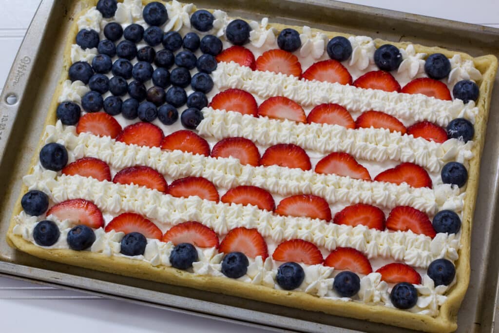 The whole completed uncut July 4th Flag Patriotic Fruit Pizza.