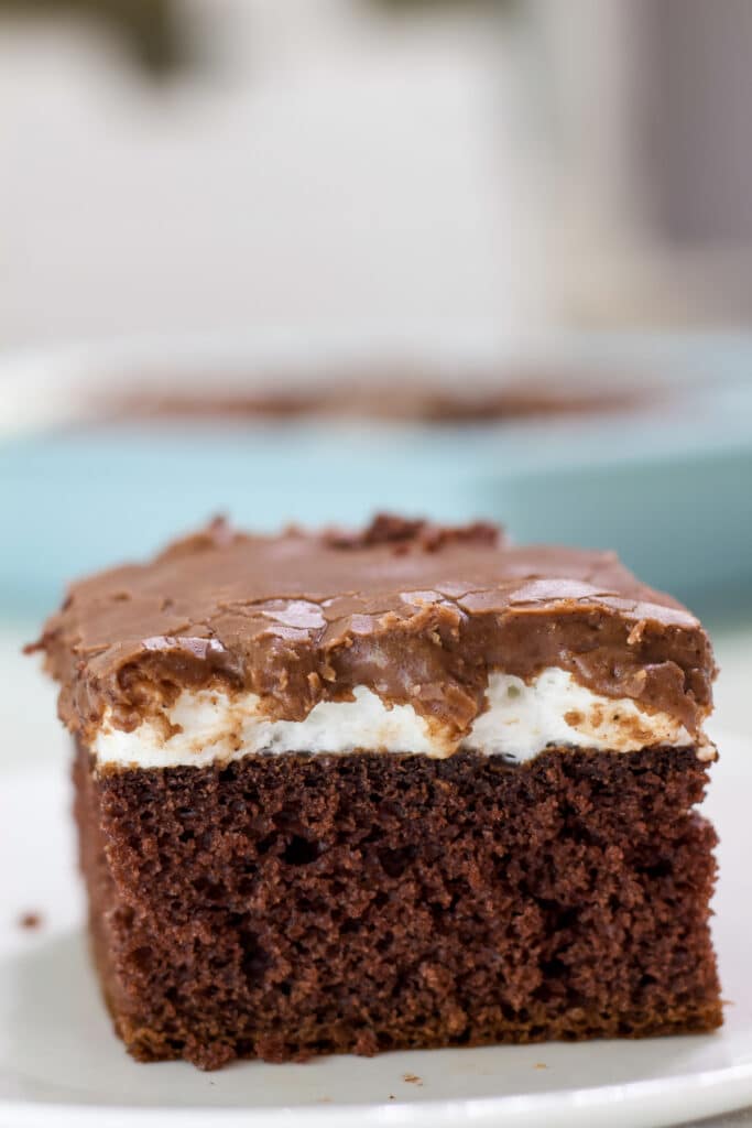 Close up side view of one piece of Easy Mississippi Mud Cake so the marshmallow layer and icing layer are visible.