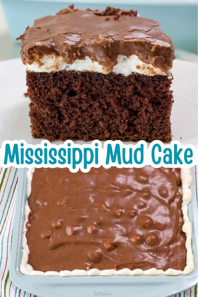 A piece of cake on the top, the entire uncut cake on the bottom and the recipe title in text in the middle.
