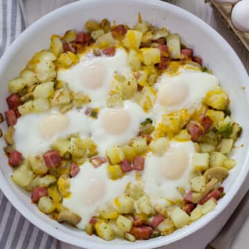 Overhead view of the finished Egg Ham Potato Breakfast Skillet.