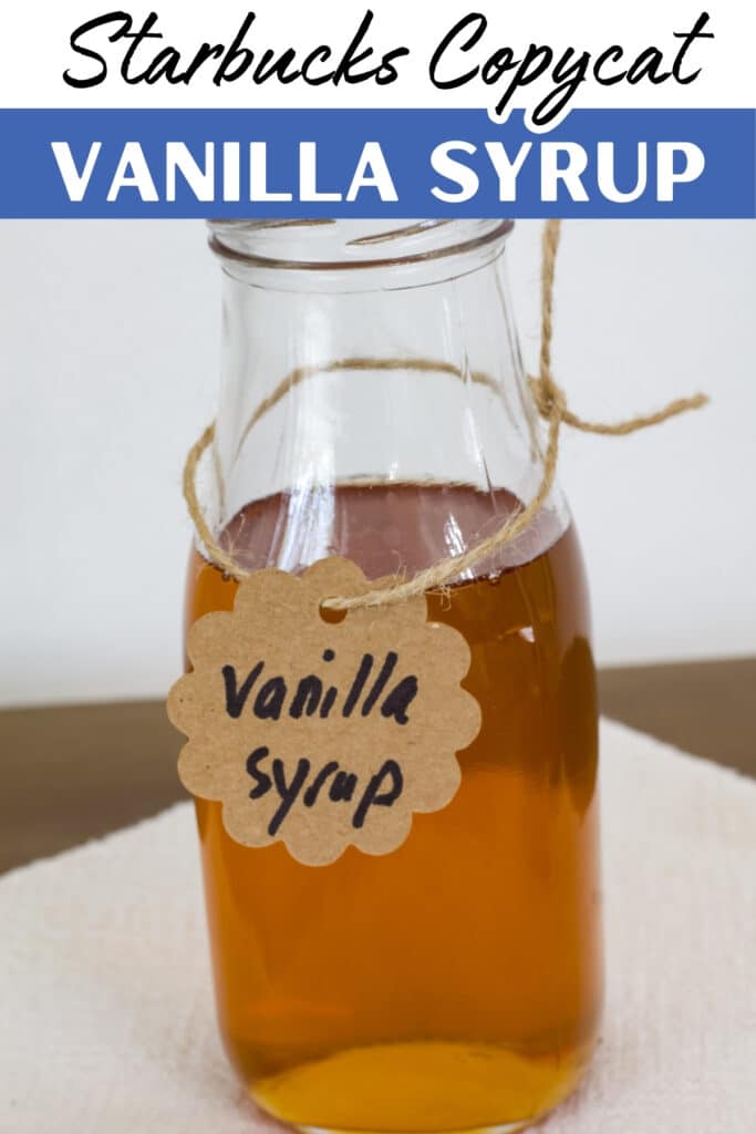 A small bottle of vanilla syrup for coffee, the recipe title is in text at the top.