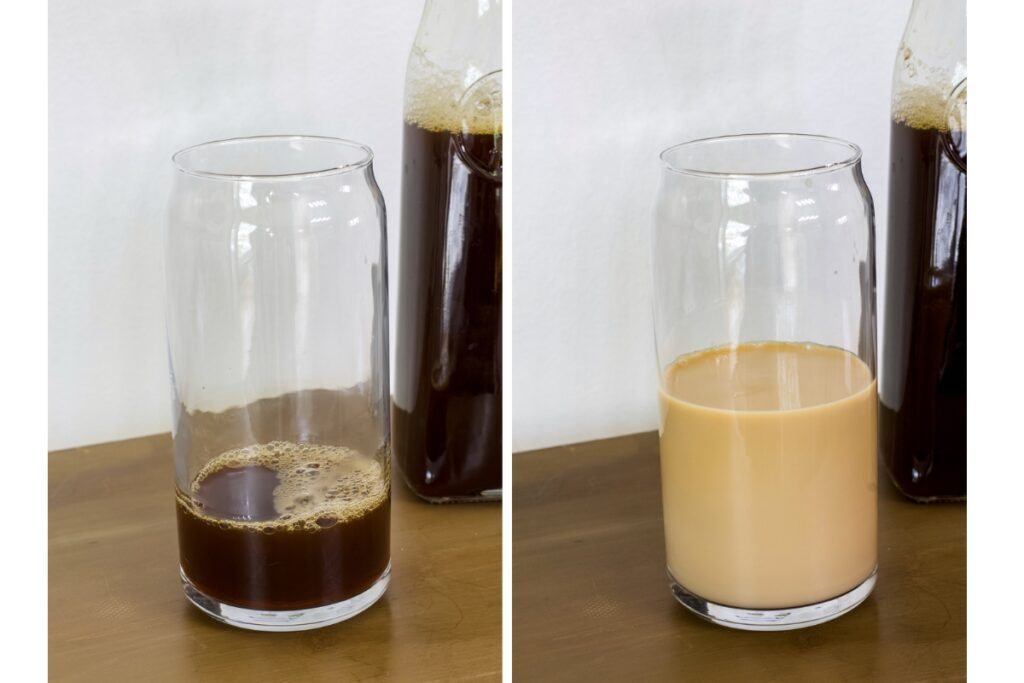 A tall glass with just the black coffee on the left and after the milk and vanilla simple syrup have been added on the right.