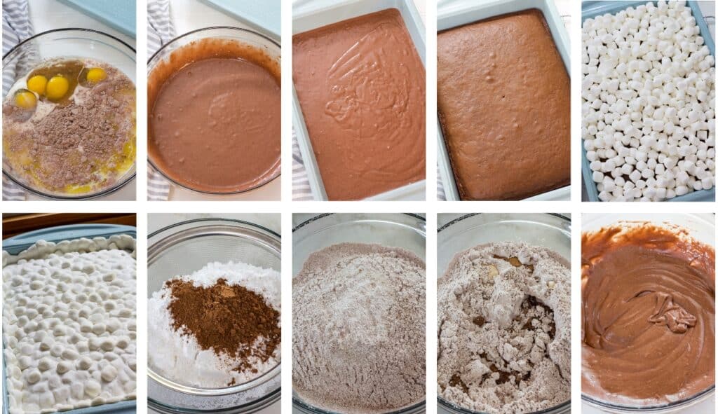 A collage of 10 images showing the different steps to make this Easy Mississippi Mud Cake Recipe (with box cake).
