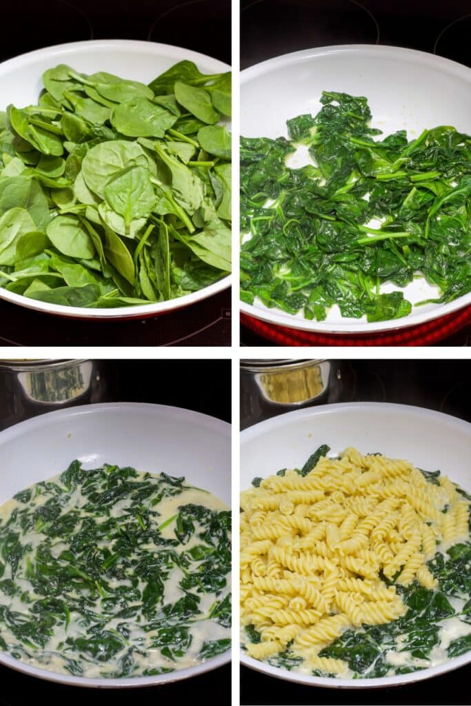 A collage of four images, the spinach before and after being wilted and the sauce without and with the pasta in it.