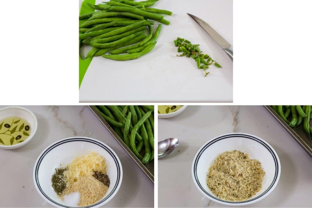 A collage of three images showing the green beans being trimmed and the bread crumb mixture before and after being mixed.