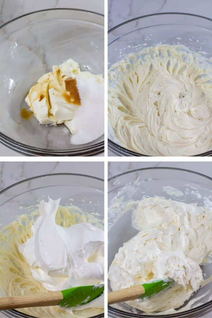 A collage of 4 images showing the cream cheese, sugar and vanilla extract being mixed and then the Cool Whip being folded into it.