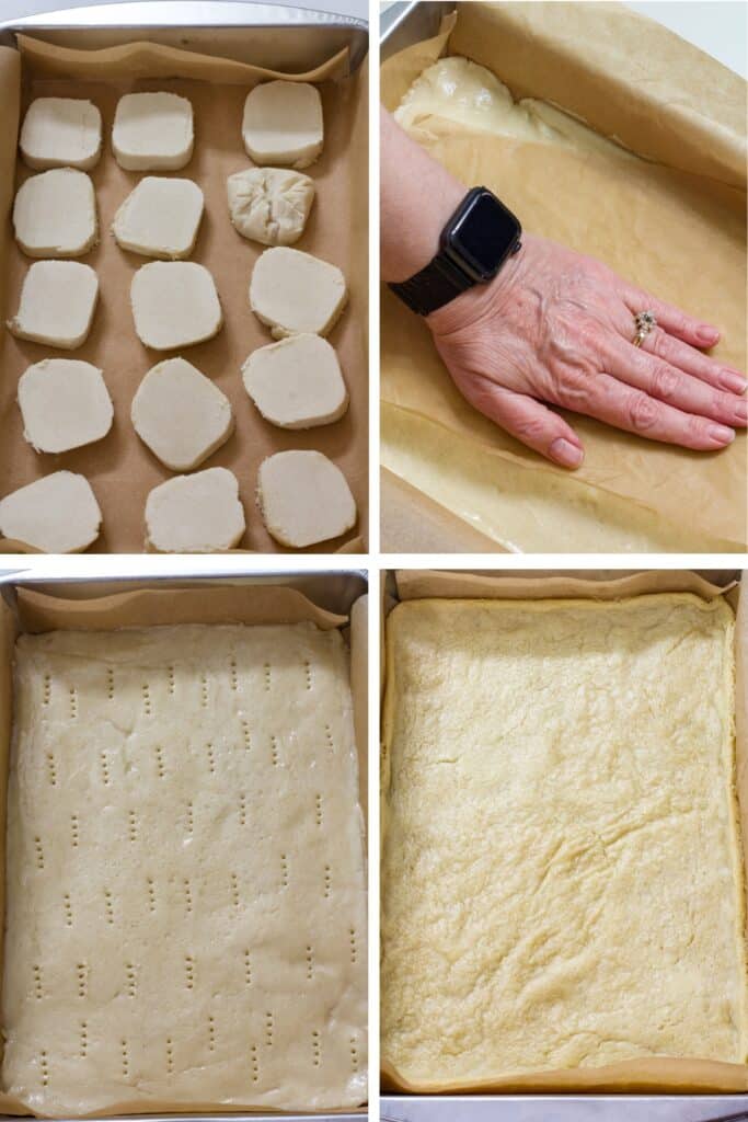 A collage of the sugar cookie dough being pressed into the pan and before and after it was baked.