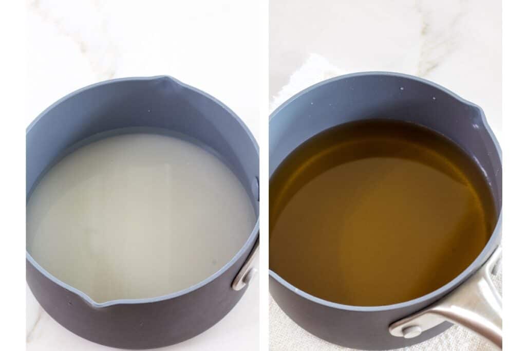 A pan with water and granulated sugar in it on the left and water, sugar and vanilla extract on the right.