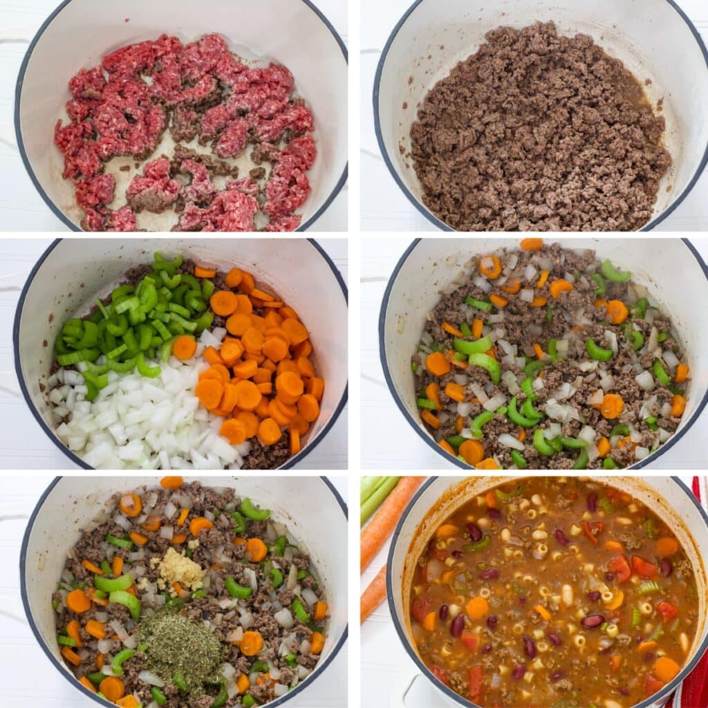 A collage of six images showing the stages of making the dish, from browning the ground beef to everything in the finished soup.