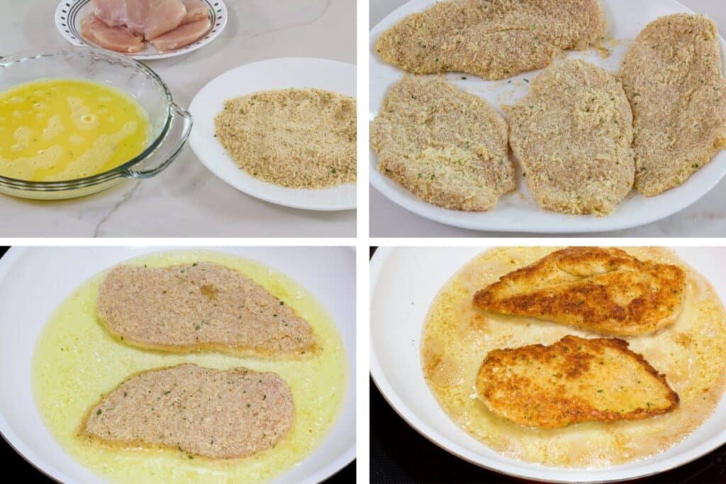 A collage of 4 images showing the dredging station, the coated chicken, and the chicken in the pan before and after being browned.