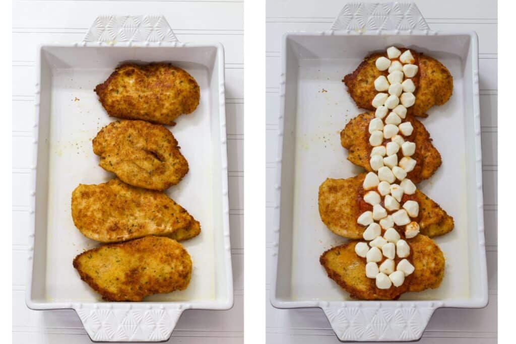 A collage of two images showing the breaded chicken in the casserole dish before it is baked, without sauce and with sauce and mozzarella cheese on top.