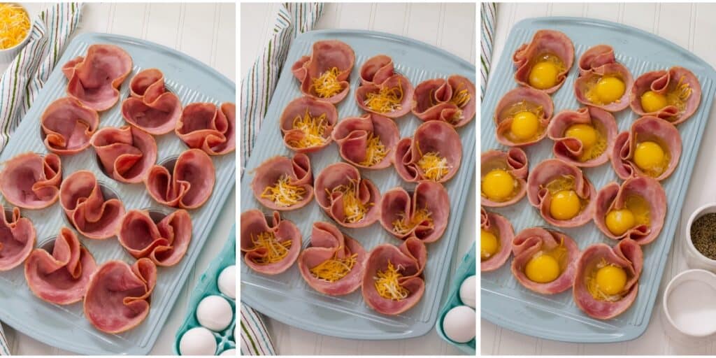 A collage of three images showing the ham in the muffin tin, then topped with cheese, and then topped with an egg.