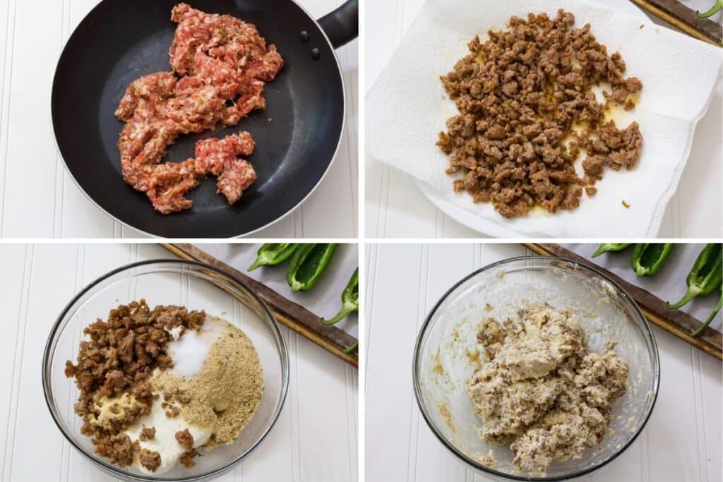 A collage of 4 images showing the Italian sausage before and after being cooked and in the bowl with the other ingredients before and after being mixed.