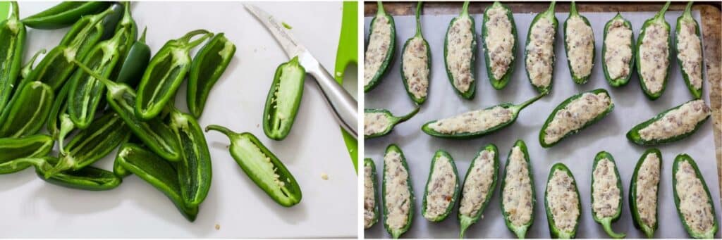 Two images, the halved jalapenos on the left and the stuffed jalapeno peppers before being baked on the right.