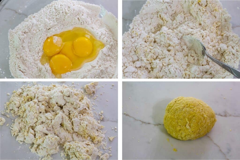 A collage of 4 images showing how to mix the dough and the last image is the ball of dough.