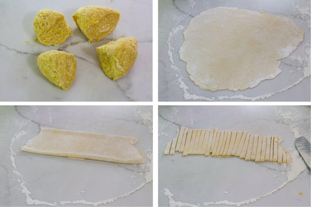 A collage of 4 images showing the dough being divided into fourths, being rolled out, folded into thirds and then cut into strips.