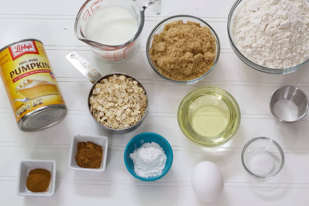 All of the ingredients needed to make the Delicious Pumpkin Oatmeal Muffins Recipe measured out.