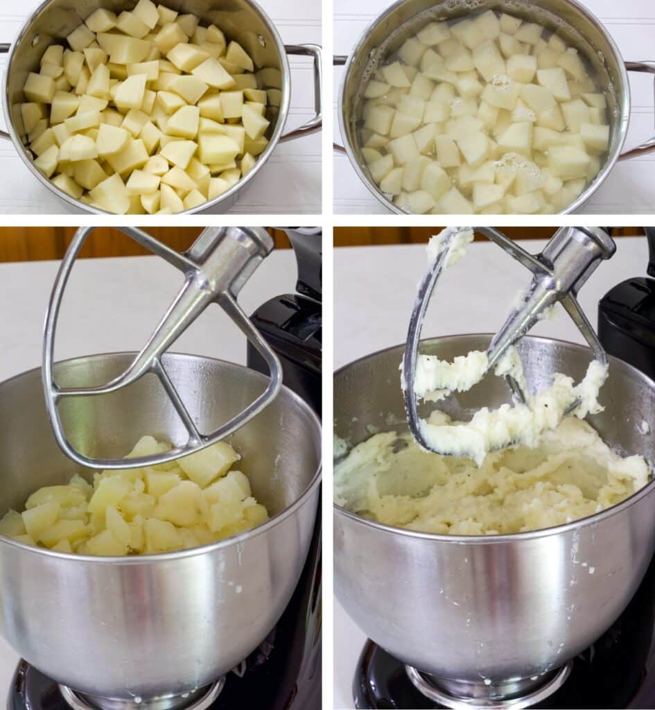 A collage of four images, the potato chunks in the pan with and without water and the cooked potatoes in the mixer bowl before and after being mixed.