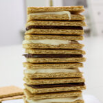 Feature image of a stack of graham cracker sandwich cookies on a white plate.
