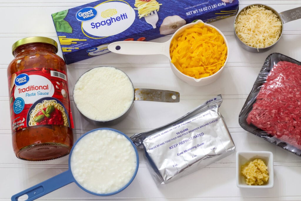 All of the ingredients measured out ready to make the Baked Cream Cheese Spaghetti Casserole Recipe.