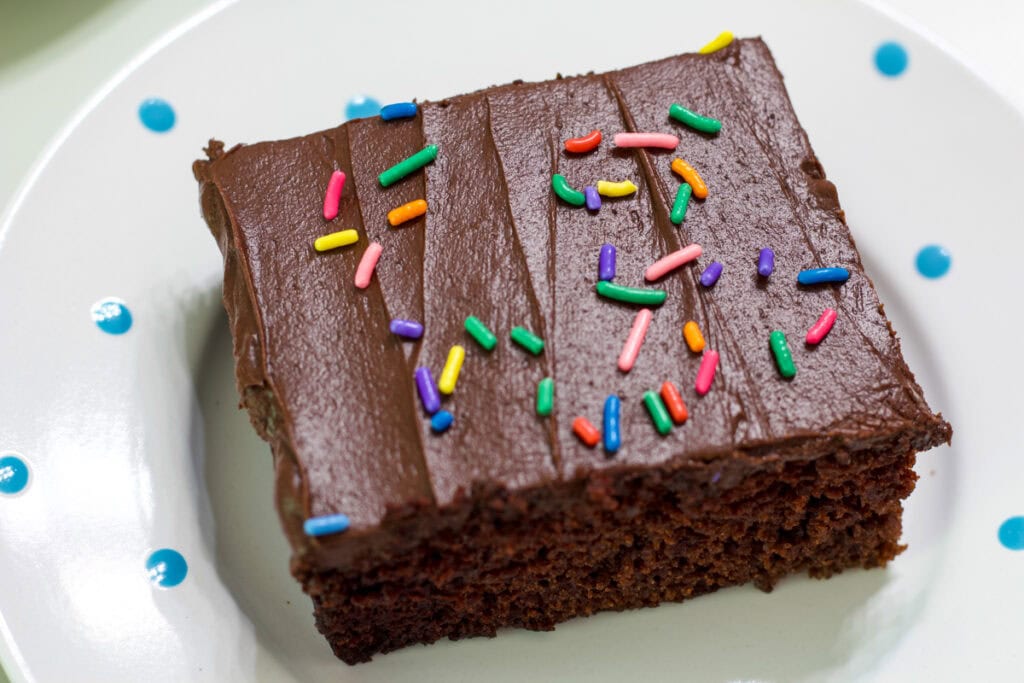 A piece of chocolate cake with mocha frosting and rainbow sprinkles on it.