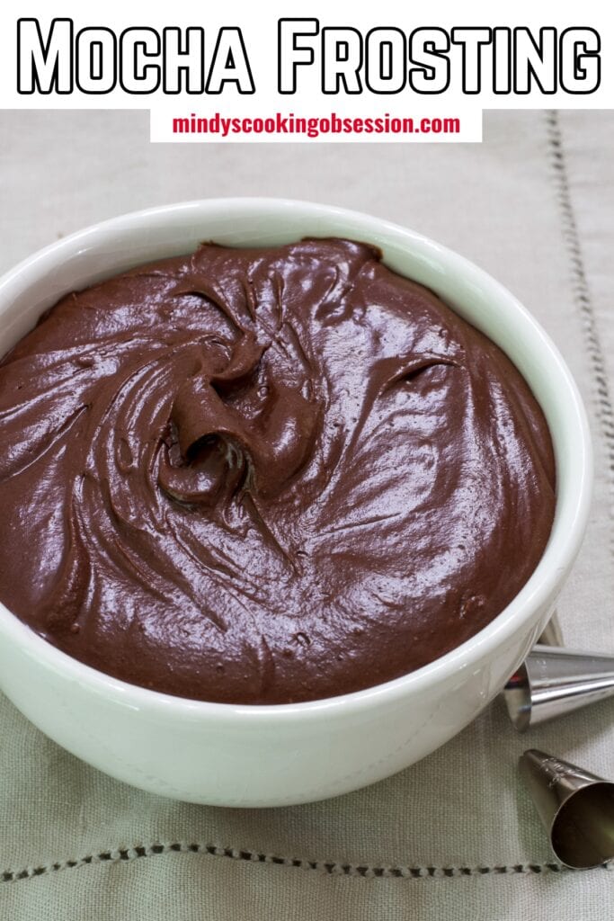 A bowl filled with mocha frosting with the recipe title at the top so it can be pinned on Pinterest.