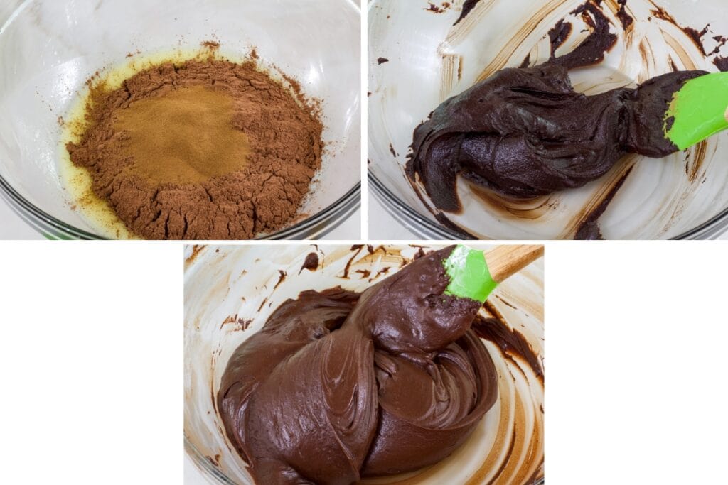 A collage of three images showing the butter, cocoa, and espresso powder unmixed and mixed and then with the addition of milk and powdered sugar.