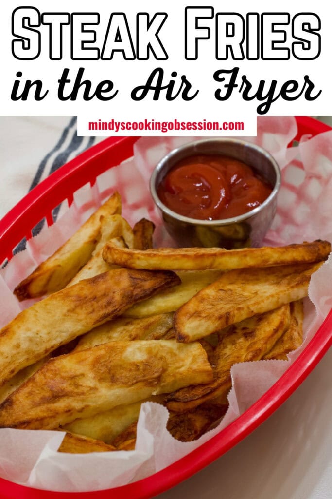 A basket full of cooked air fries, the recipe title is at the top so it can be pinned on Pinterest.
