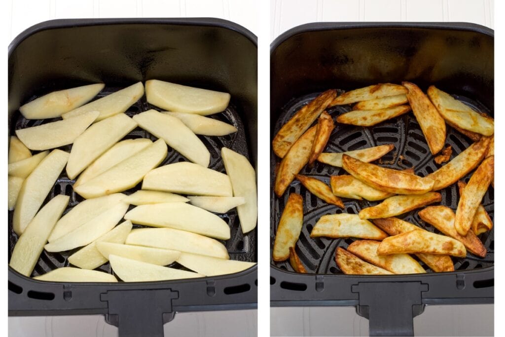 Side-by-side images of the steak fries in the air fryer basket, before being air fried on the left and after on the right.