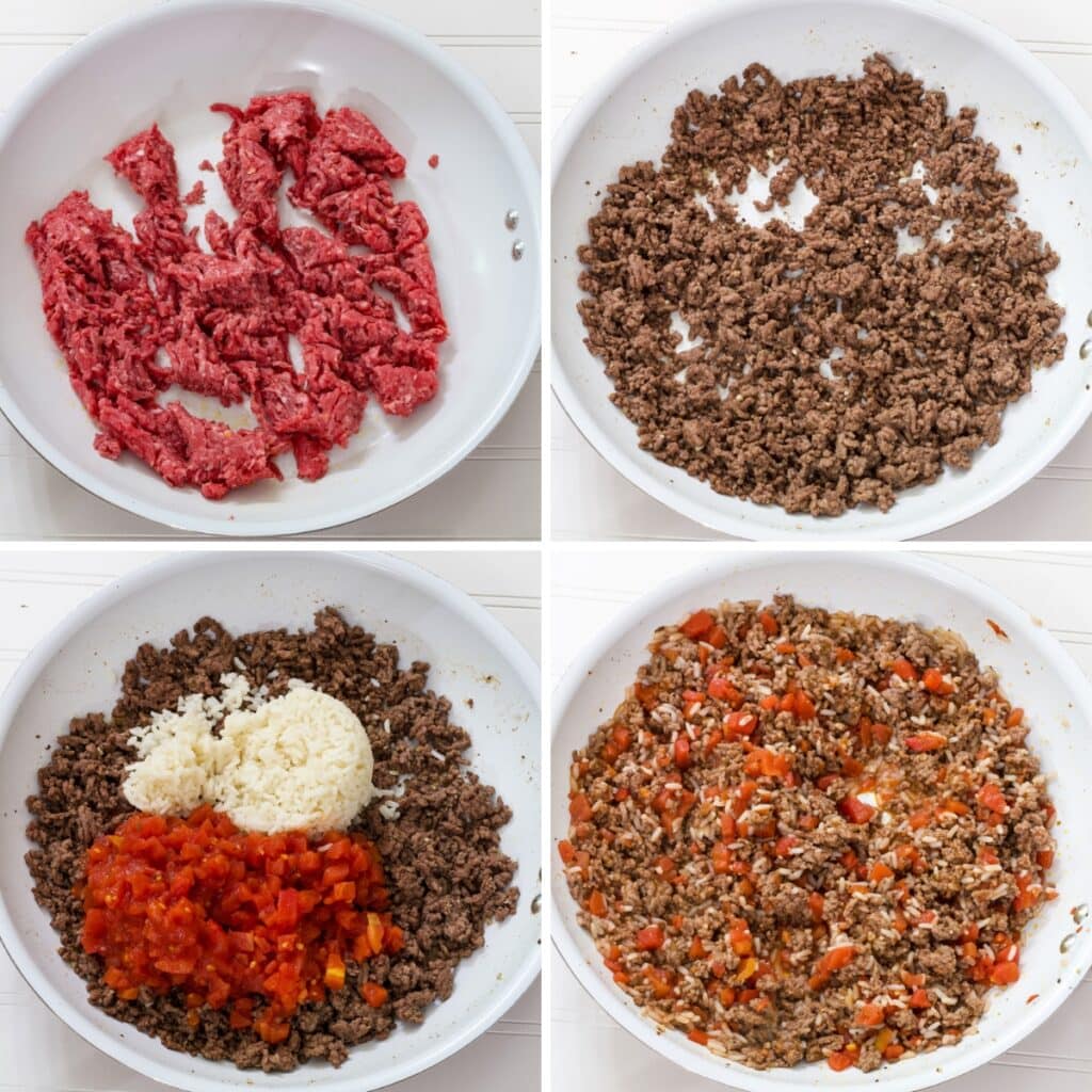 A collage of 4 images showing the ground beef in the skillet raw, cooked with the diced tomatoes and rice added before and after mixing.