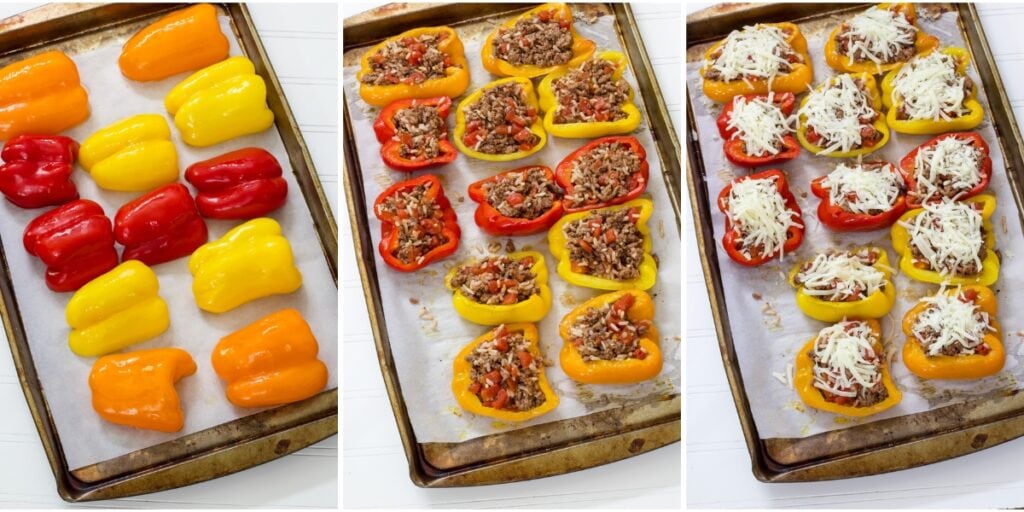 A collage of 3 images the empty peppers ready to go into the oven, then stuffed with ground beef mixture and then topped with mozzarella cheese.