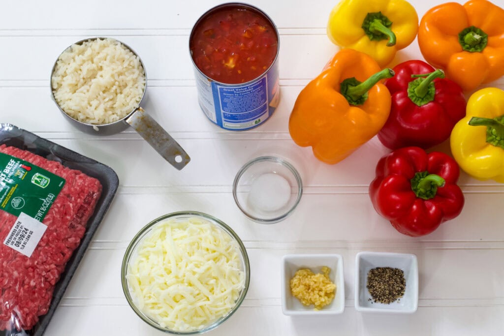 The ingredients measured out and ready to make the Stuffed Bell Peppers Recipe (with beef and rice).