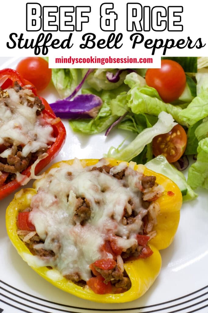 Close up of the baked yellow pepper half, the recipe title is in text at the top so it can be pinned on Pinterest.