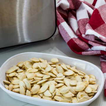 Feature image of a plate with roasted pumpkin seeds in front of the air fryer.