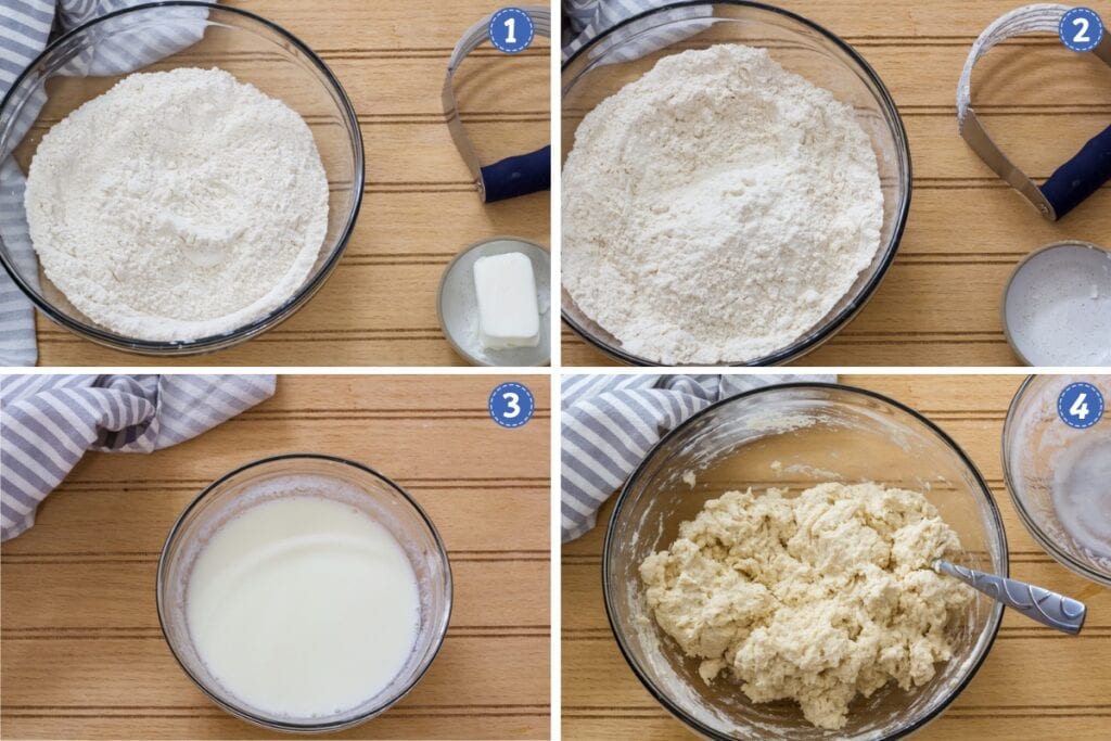 A collage of 4 images showing the dry ingredients before and after the shortening has been added, the milk and yogurt mixed together and the finished biscuit dough mixed up in the mixing bowl.