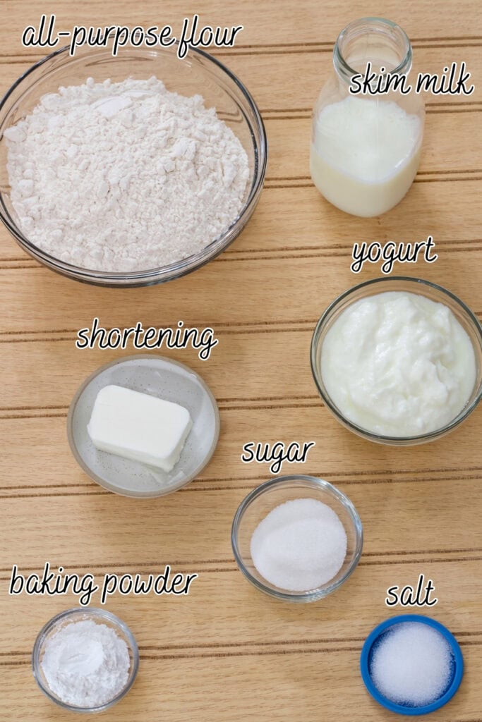 All of the ingredients measured out and ready to make the Light Yogurt Drop Biscuits.