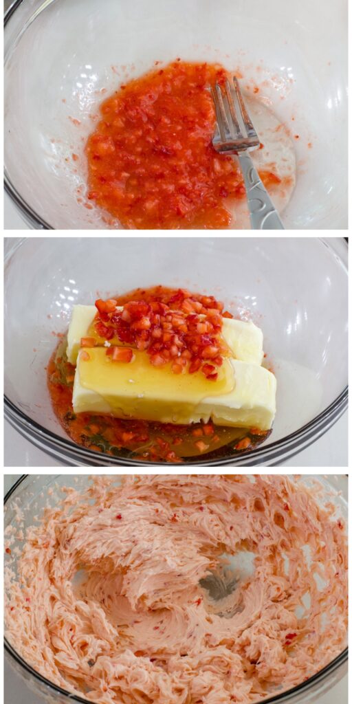 A collage of three images showing the mashed strawberries, the butter and honey added, and them all mixed up.