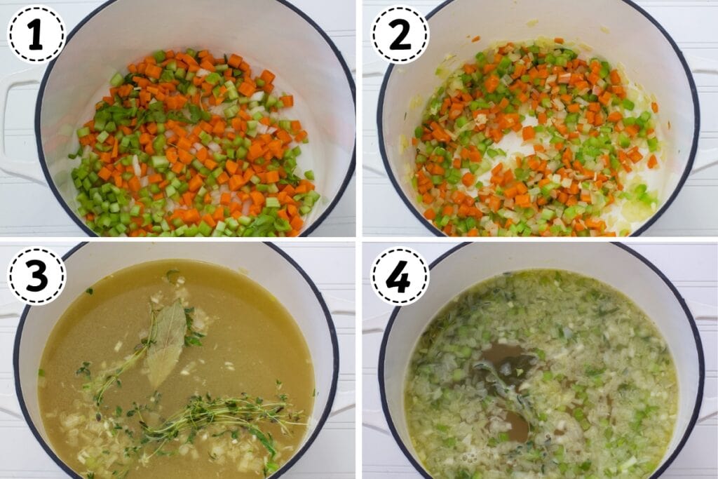 A collage of four images showing the veggies before and after being cooked, and with the broth added before and after cooking for a while.